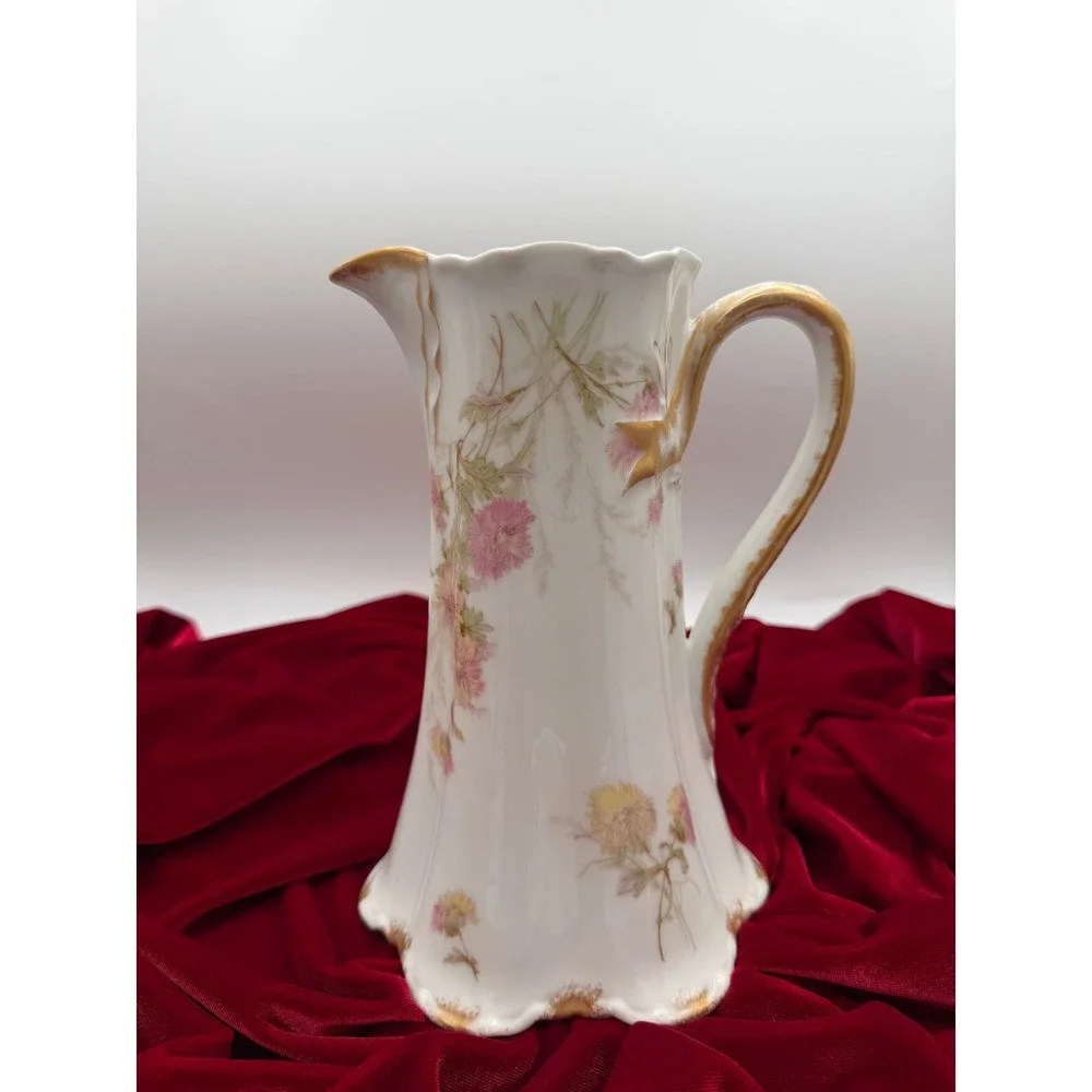 Vintage Haviland & Co Limoges France Porcelain Floral Pitcher Gold Gilt 9.5in